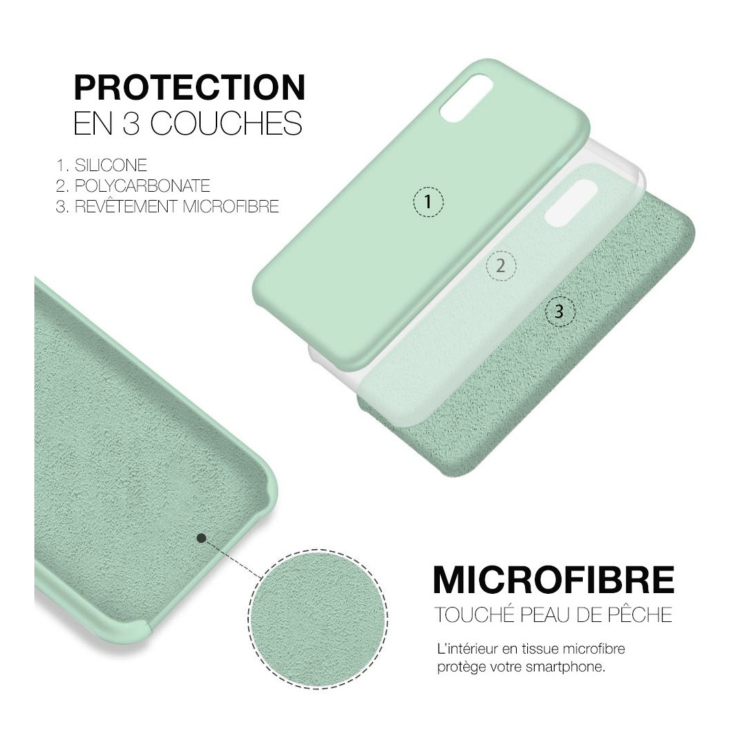 Coque Silicone Moxie BeFluo Fine et Légère pour iPhone, Intérieur Microfibre - Menthe