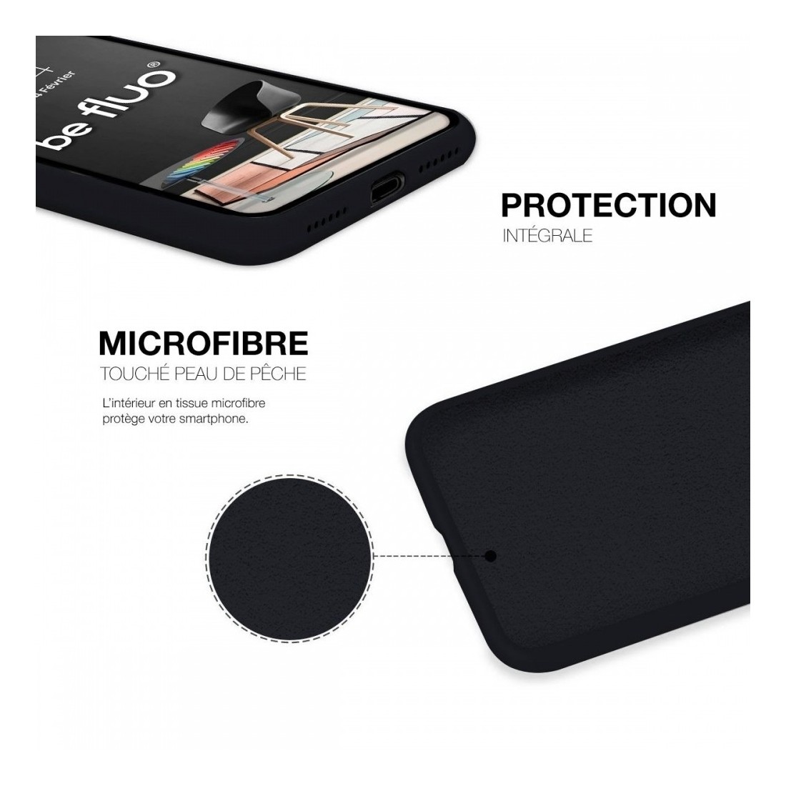 Coque Silicone Moxie BeFluo Fine et Légère pour iPhone , Intérieur Microfibre - Noir