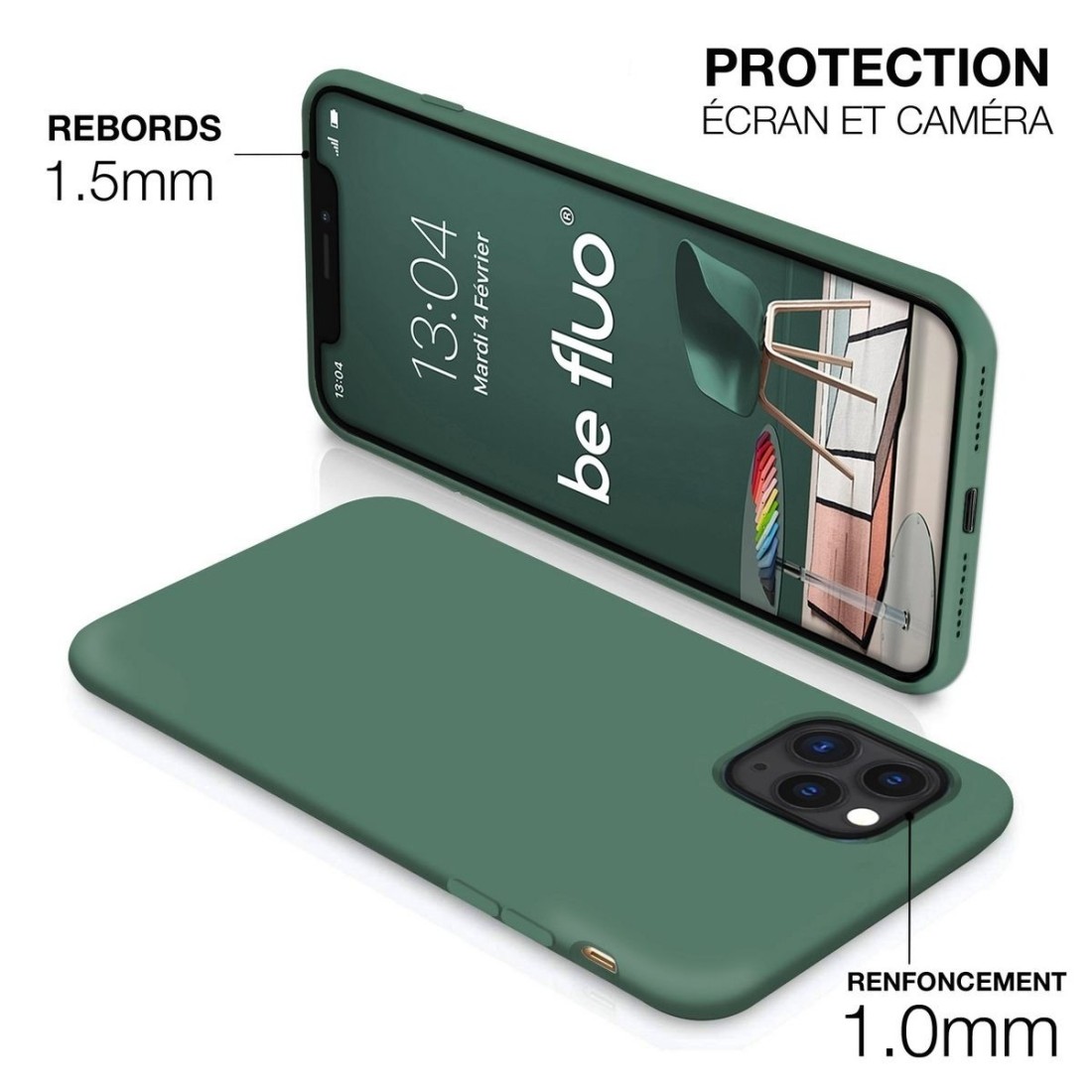 Coque Silicone Moxie BeFluo Fine et Légère pour iPhone, Intérieur Microfibre - Pin vert