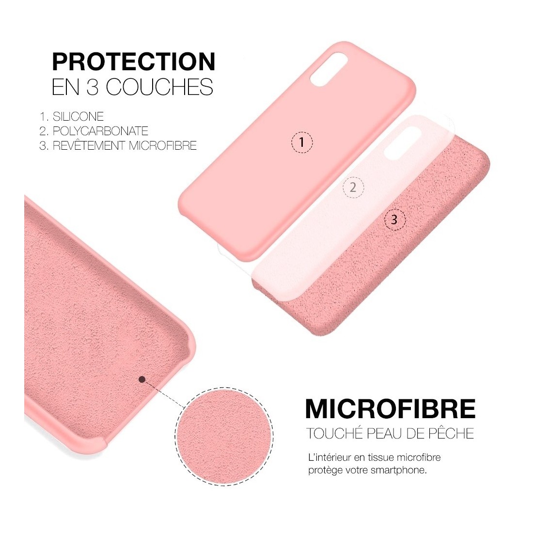 Coque Silicone Moxie BeFluo Fine et Légère pour iPhone, Intérieur Microfibre - Rose clair