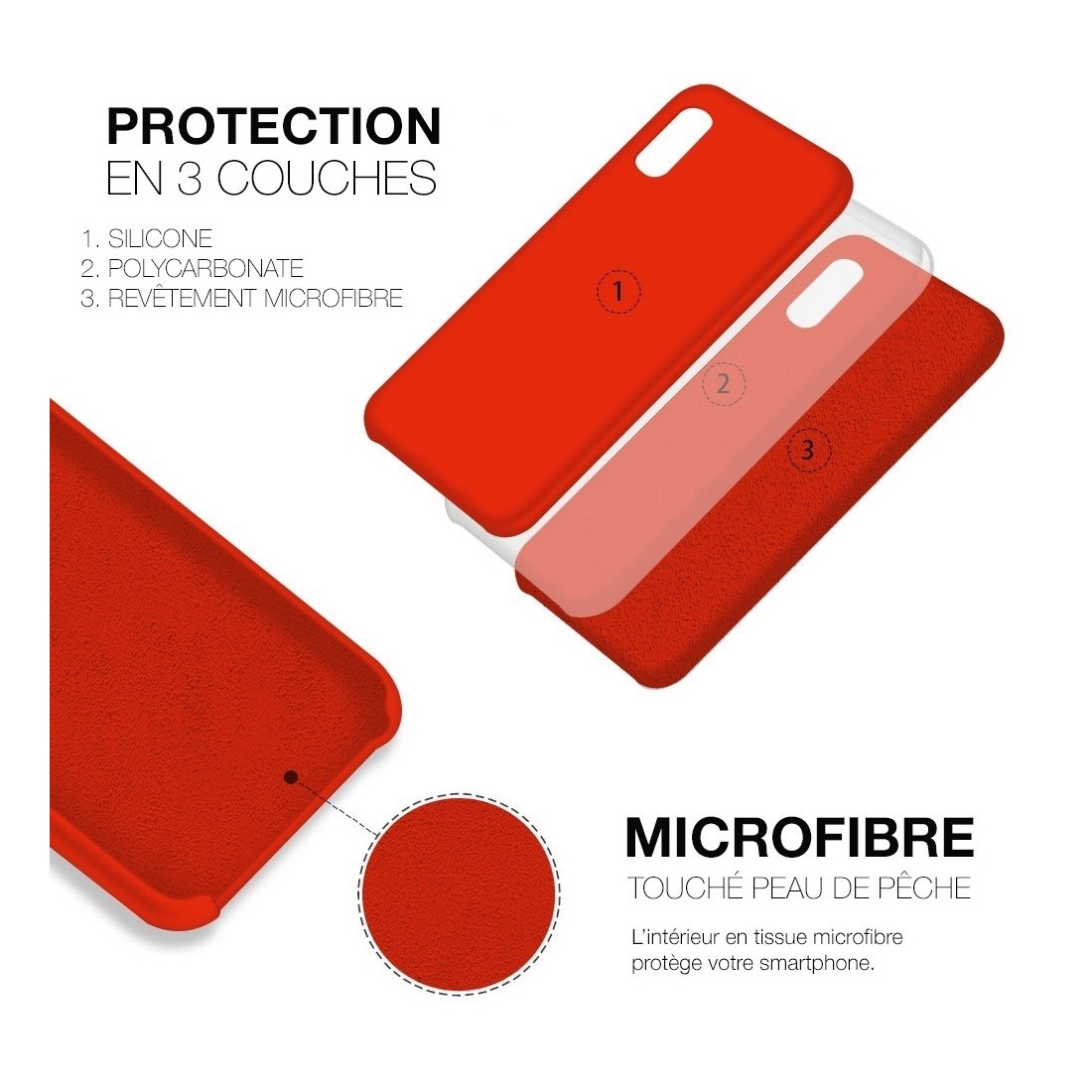 Coque Silicone Moxie BeFluo Fine et Légère pour iPhone, Intérieur Microfibre - Rouge
