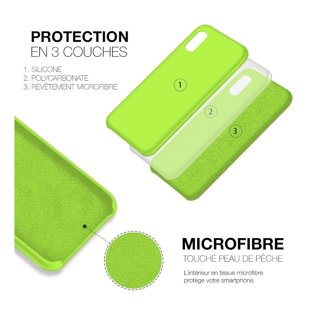 Coque Silicone Moxie BeFluo Fine et Légère pour iPhone, Intérieur Microfibre - Vert pomme