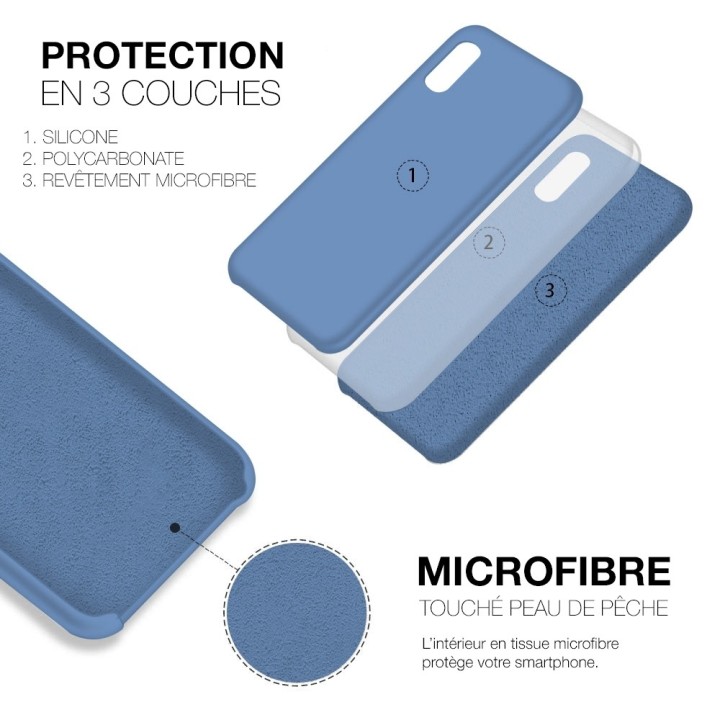 Coque Silicone Moxie BeFluo Fine et Légère pour iPhone, Intérieur Microfibre - Bleu acier