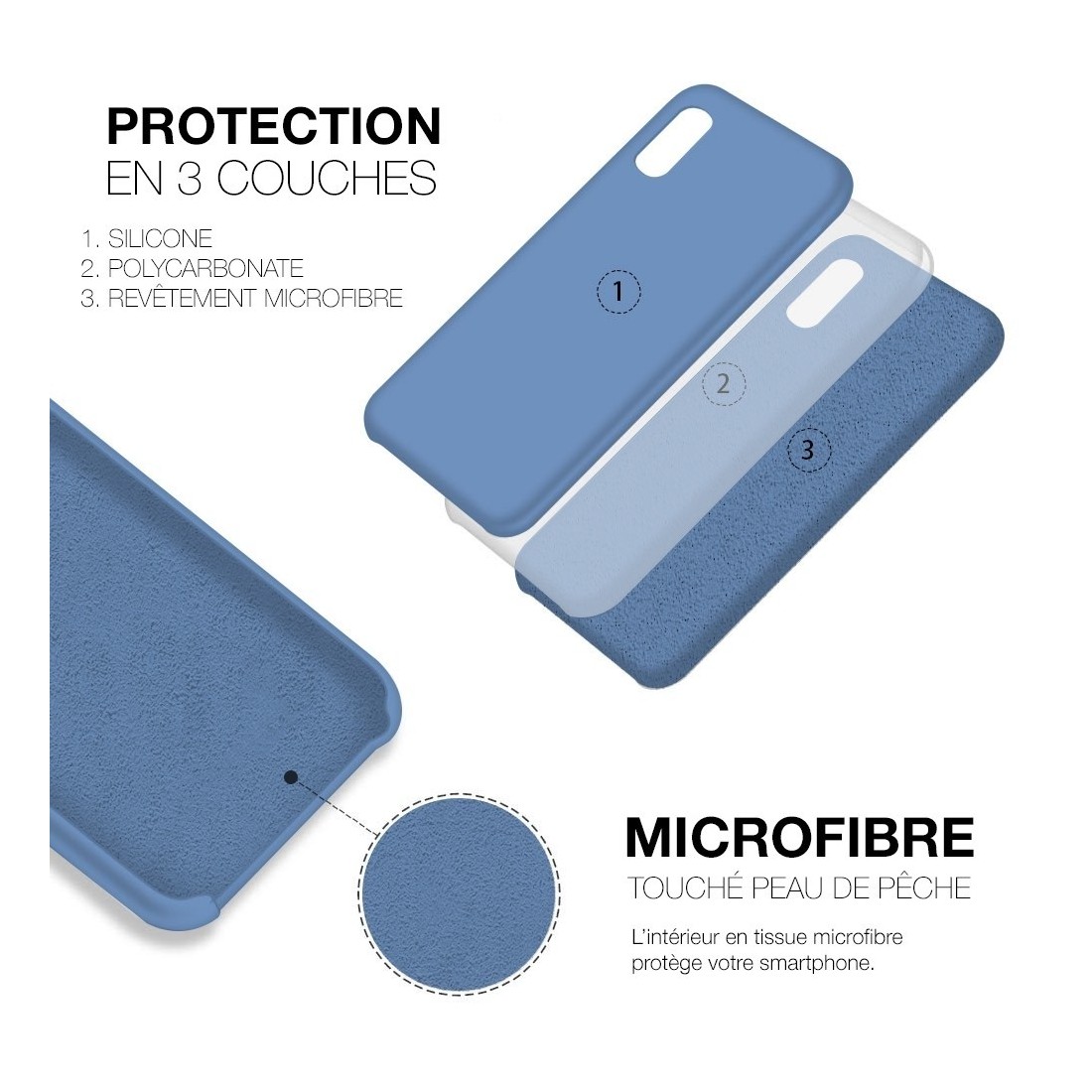 Coque Silicone Moxie BeFluo Fine et Légère pour iPhone, Intérieur Microfibre - Bleu acier