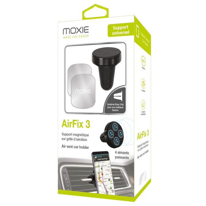 Support Voiture Universel Moxie AirFix 3 Push + Clip Grille de Ventillation avec 2 plaques magnétiques