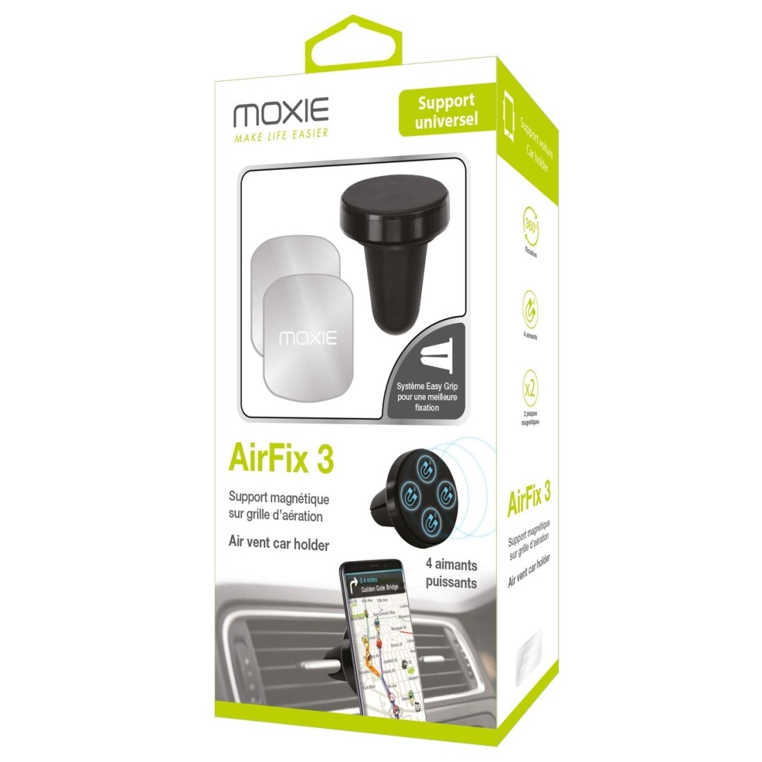 Support Voiture Universel Moxie AirFix 3 Push + Clip Grille de Ventillation avec 2 plaques magnétiques