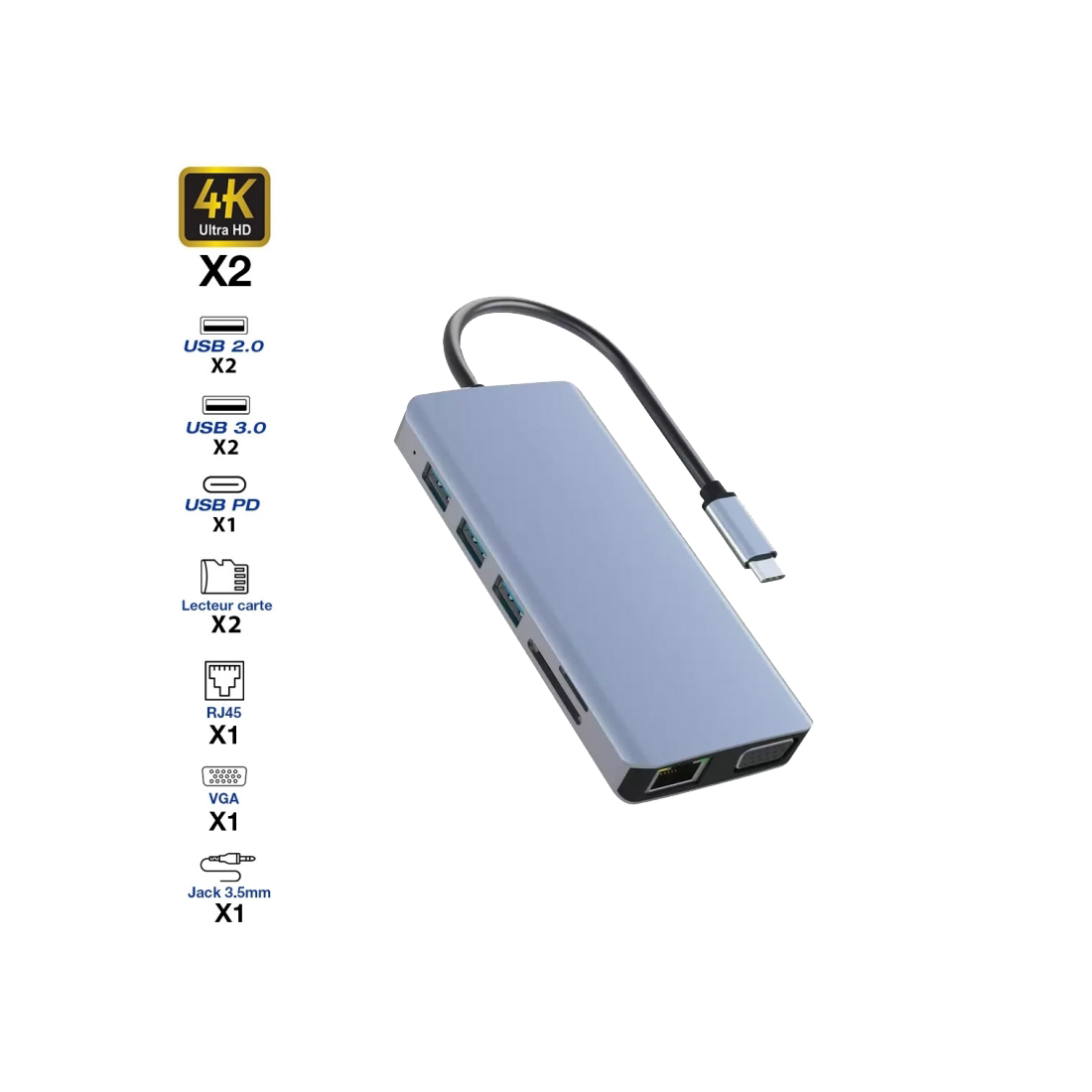 Hub USB-C vers 2 HDMI 4K/4 USB-A/1 USB-C/2 SD-TS/RJ45/VGA/jack