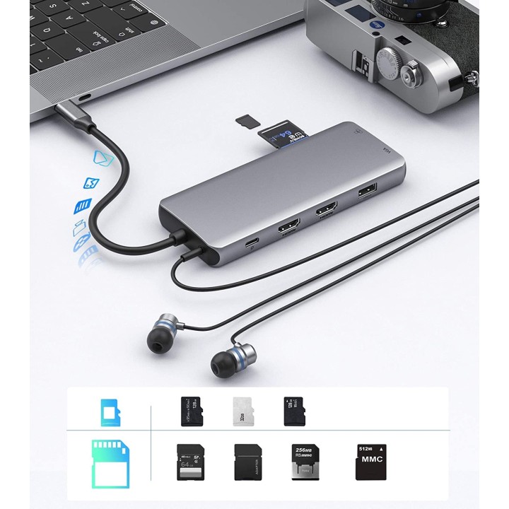 Hub USB-C vers 2 HDMI 4K/4 USB-A/1 USB-C/2 SD-TS/RJ45/VGA/jack