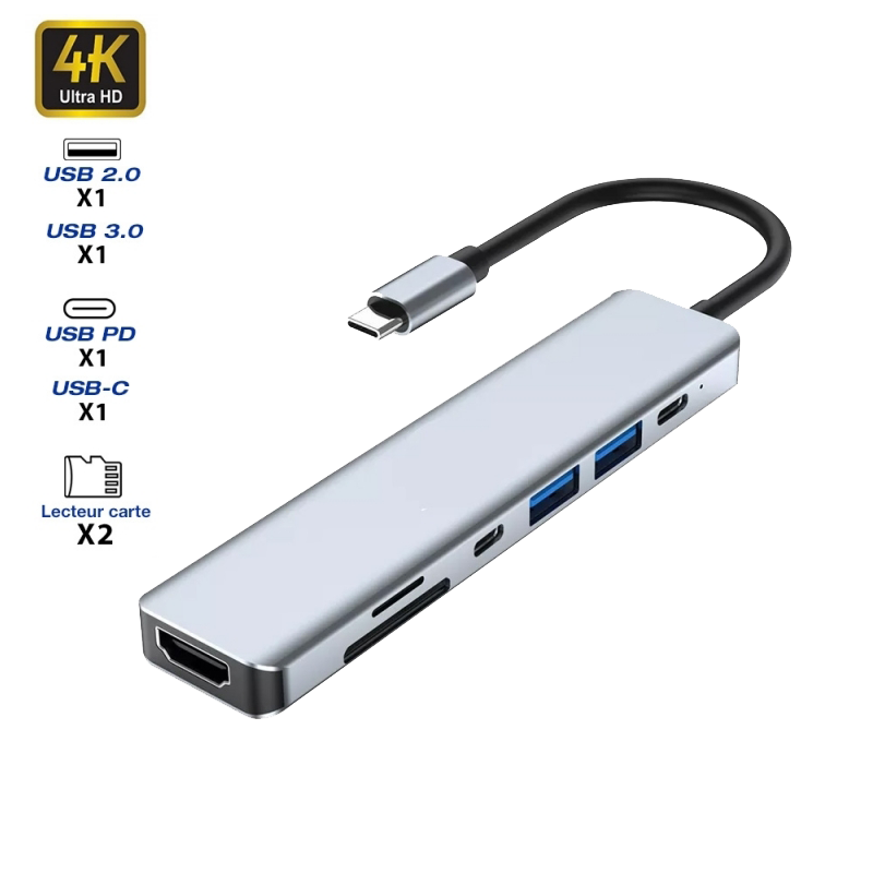 Hub USB-C vers HDMI 4K / 2 USB-A -/2 USB-C + 2 lecteurs carte