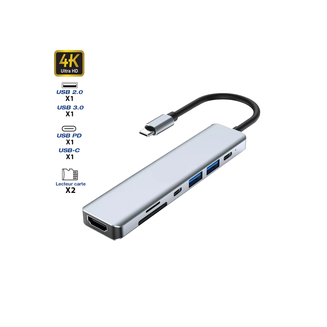 Hub USB-C vers HDMI 4K / 2 USB-A -/2 USB-C + 2 lecteurs carte