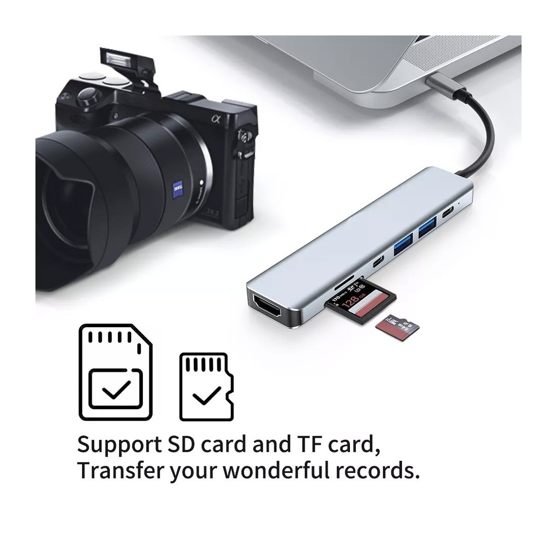 Hub USB-C vers HDMI 4K / 2 USB-A -/2 USB-C + 2 lecteurs carte