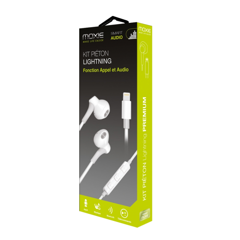 Moxie Kit piéton stéréo Lightning compatible iPhone 7 jusqu'à iPhone 14 Pro Max - Blanc