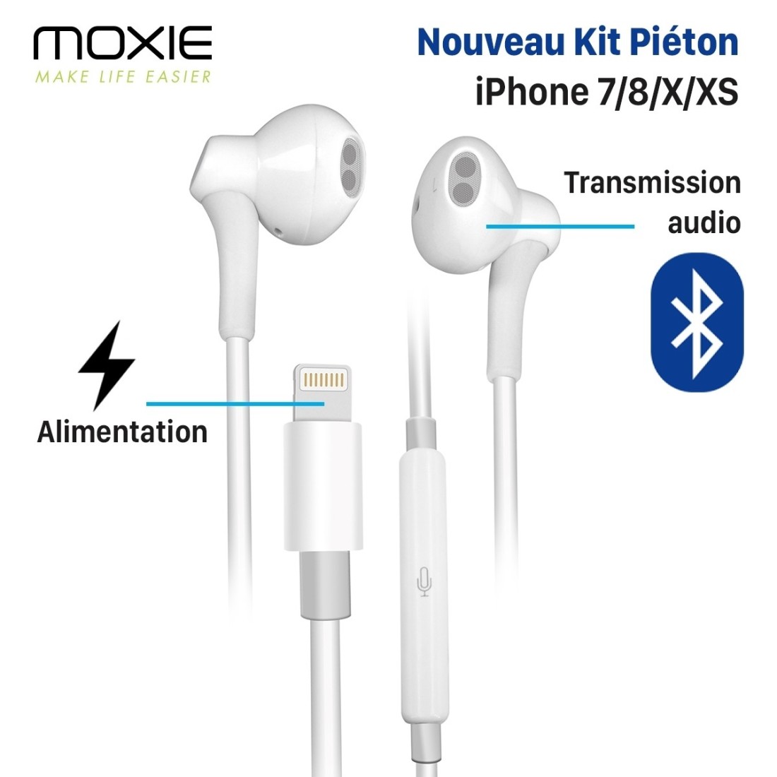 Moxie Kit piéton stéréo Lightning compatible iPhone 7 jusqu'à iPhone 14 Pro Max - Blanc