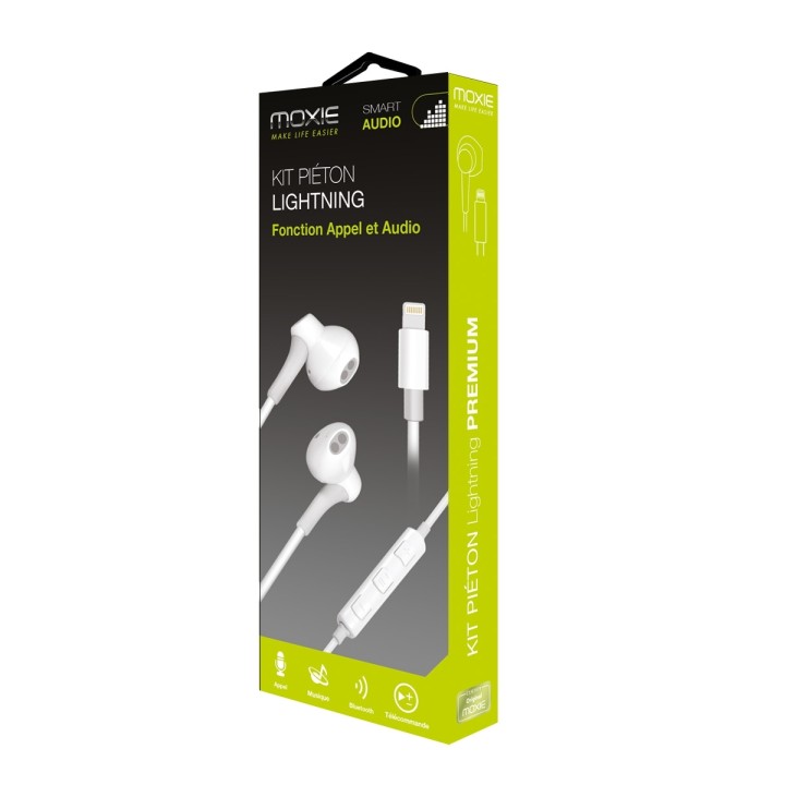 Moxie Kit piéton stéréo Lightning compatible iPhone 7 jusqu'à iPhone 14 Pro Max - Blanc