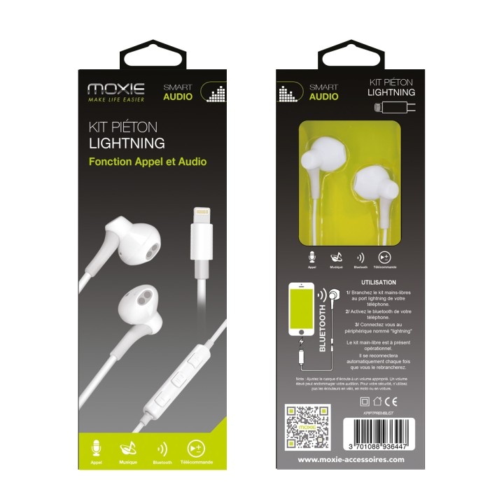 Moxie Kit piéton stéréo Lightning compatible iPhone 7 jusqu'à iPhone 14 Pro Max - Blanc