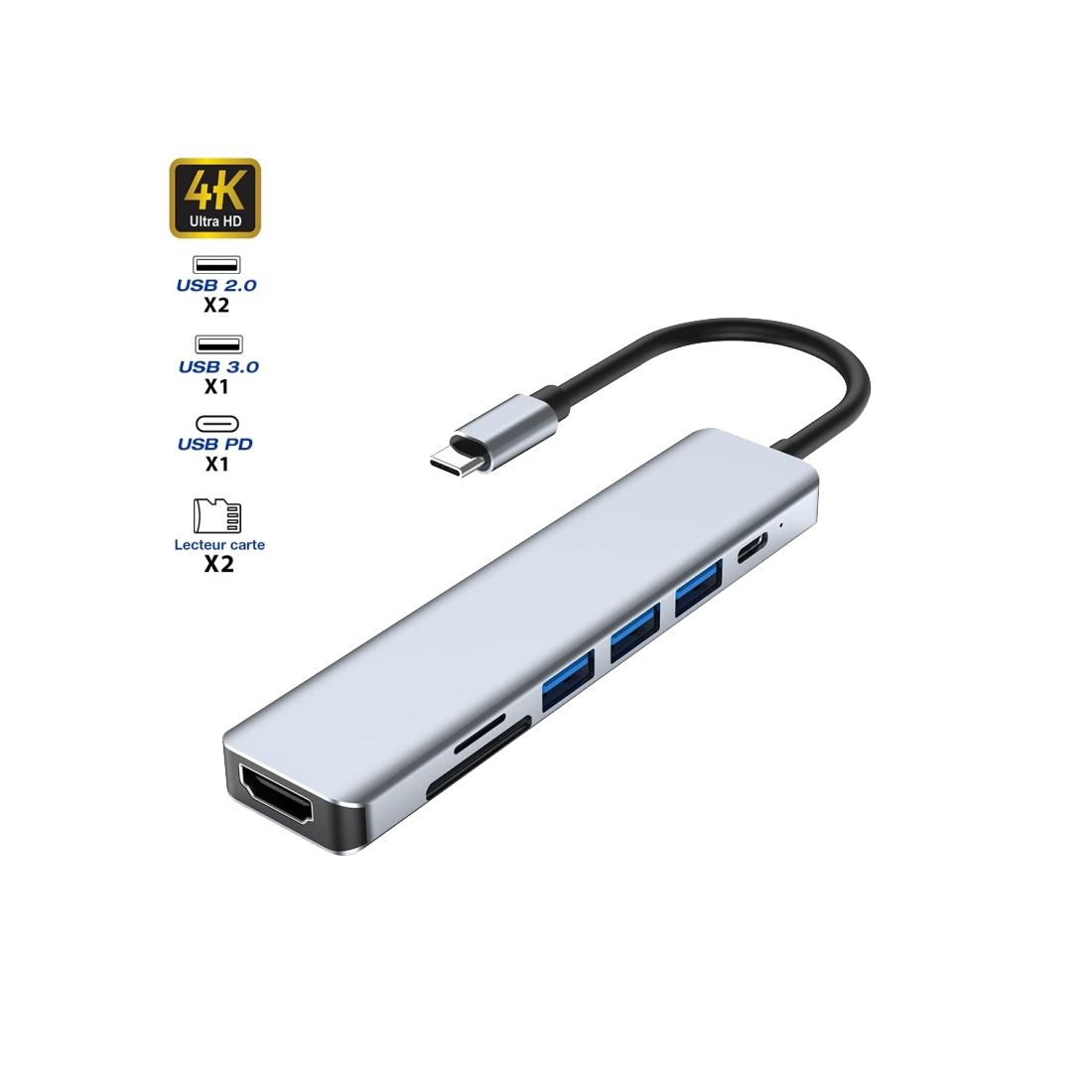 Hub USB-C vers HDMI 4K / 3 USB-A -/1 USB-C + 2 lecteurs carte