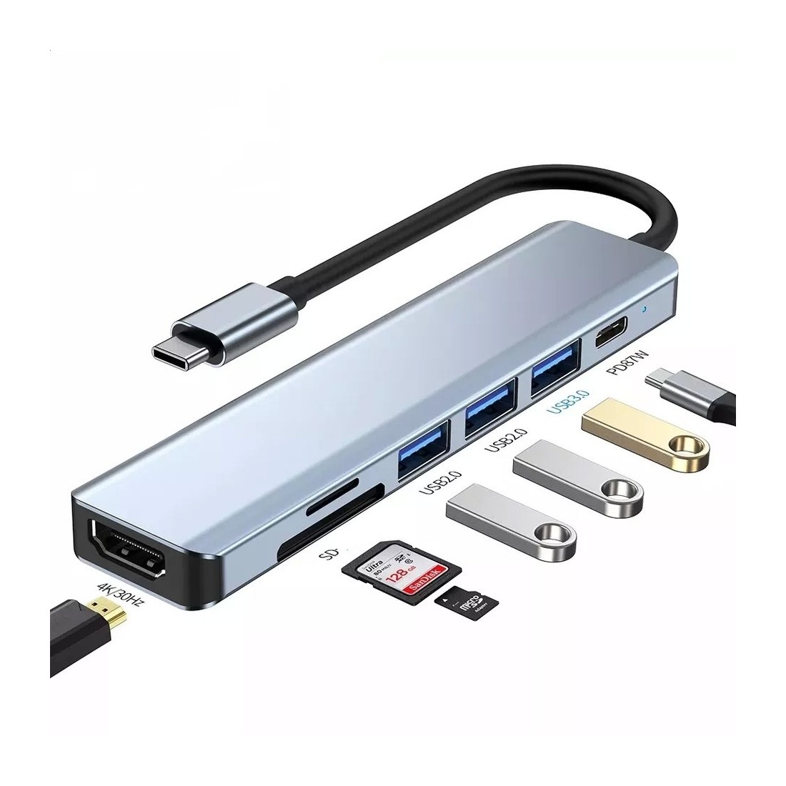 Hub USB-C vers HDMI 4K / 3 USB-A -/1 USB-C + 2 lecteurs carte