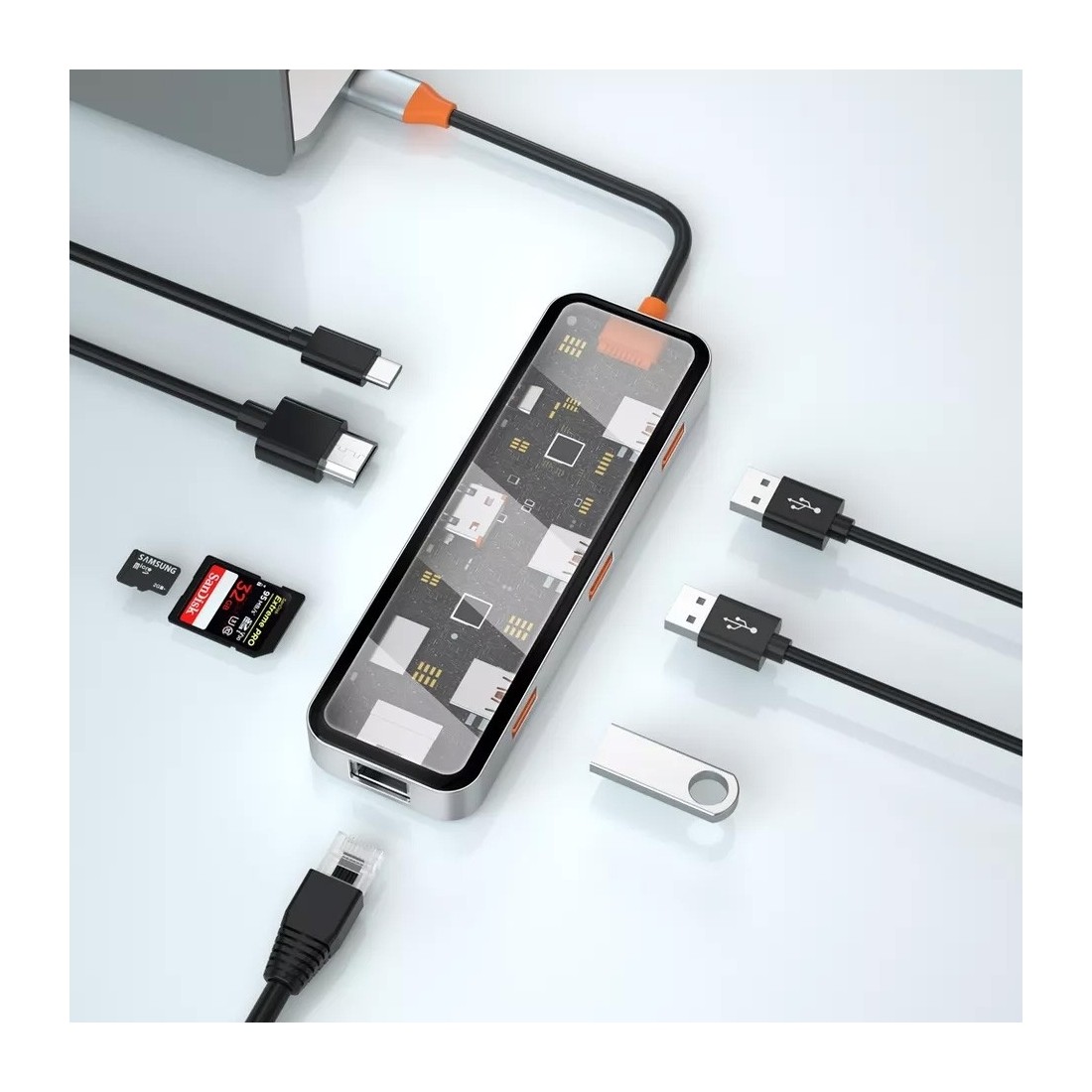 Hub USB-C transparent vers HDMI 4K/3 USB-A -/1 USB-C + 2 SD-TS+RJ45