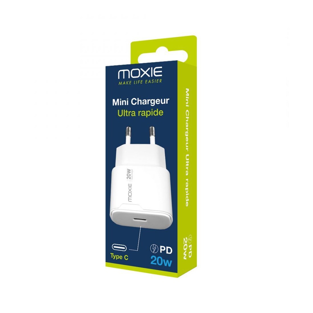 Chargeur secteur rapide 20W Power delivery avec sortie Type C sous packaging