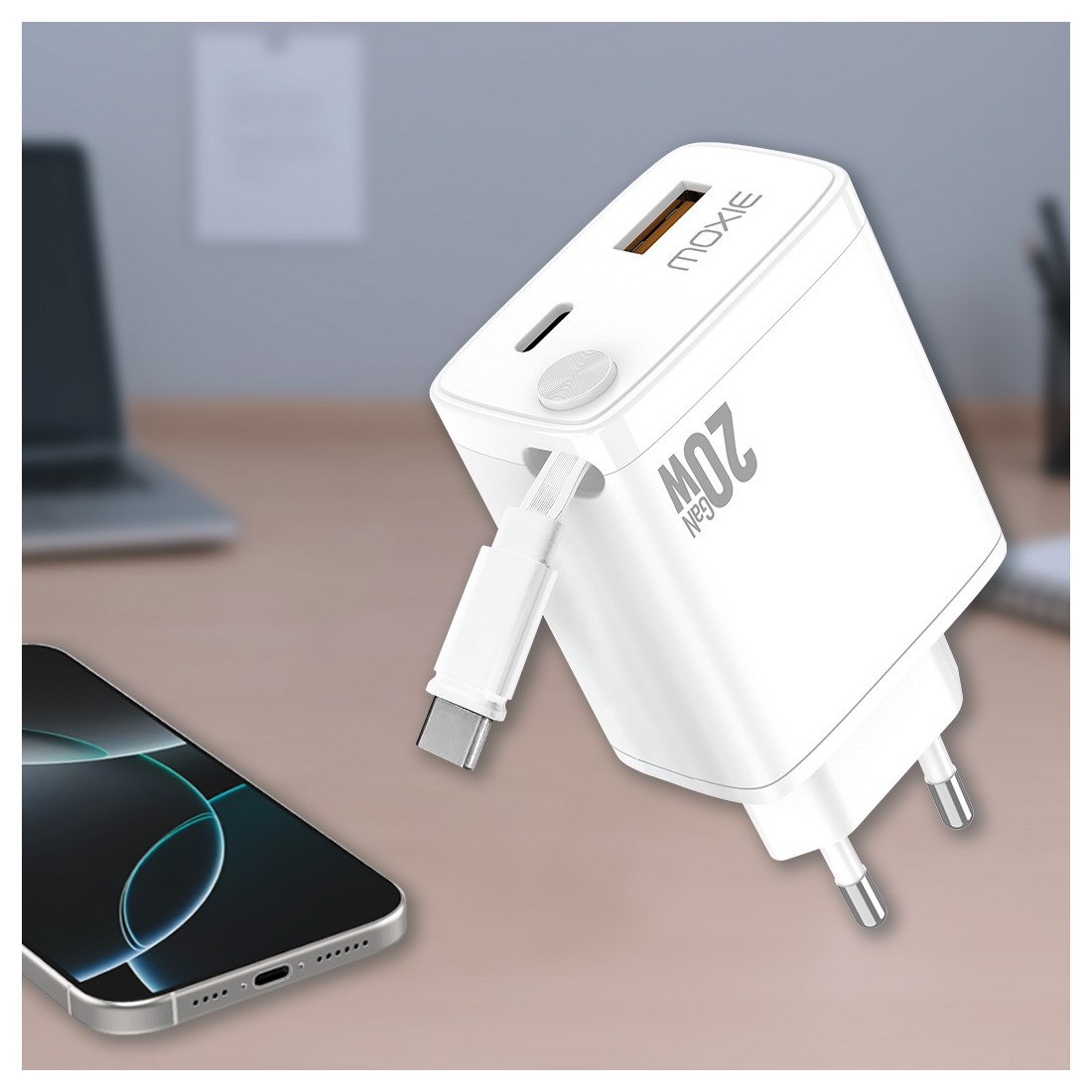 Chargeur secteur Fast charge 20W avec cable retractable Type-C