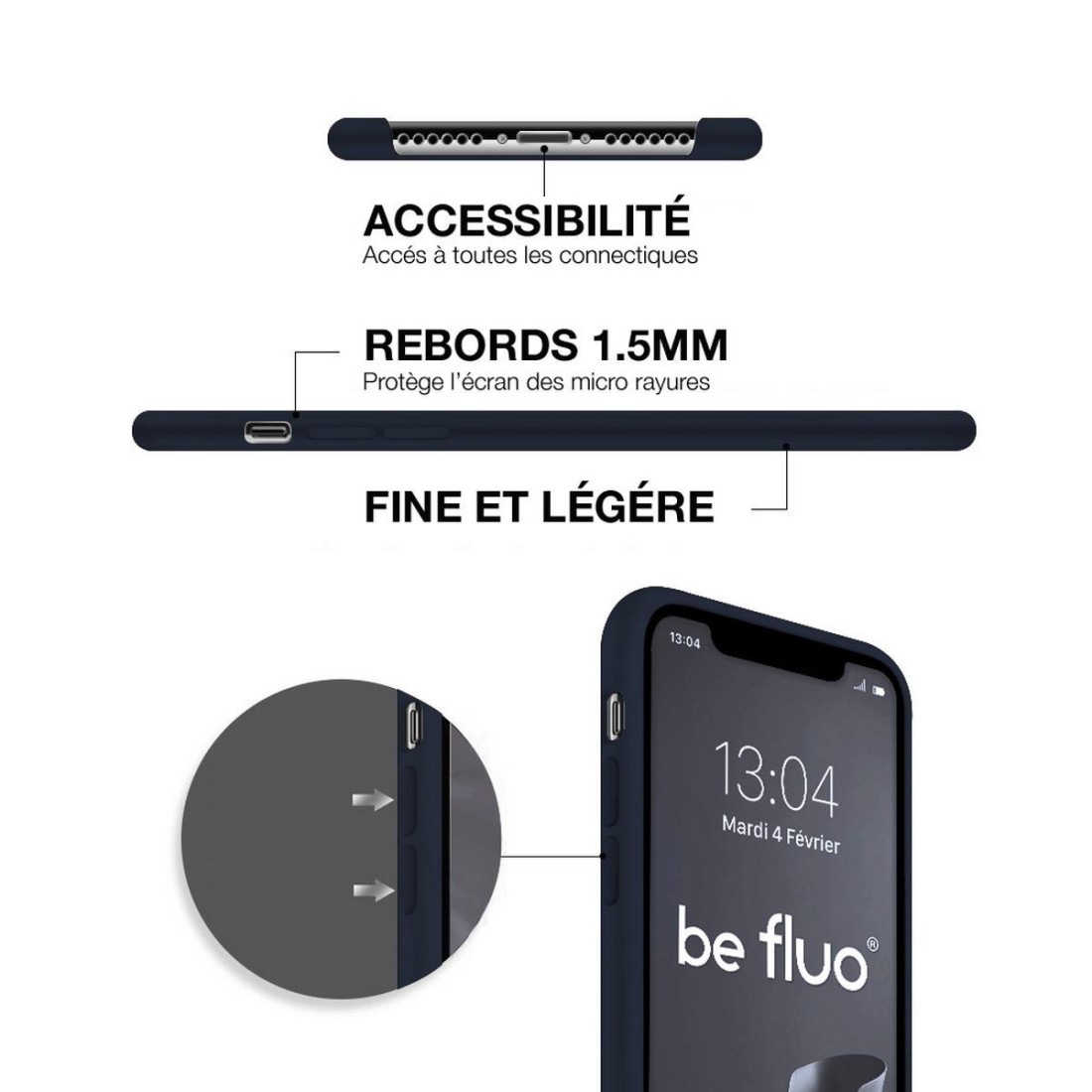 Coque Silicone Moxie BeFluo Fine et Légère pour iPhone, Intérieur Microfibre - Bleu foncé
