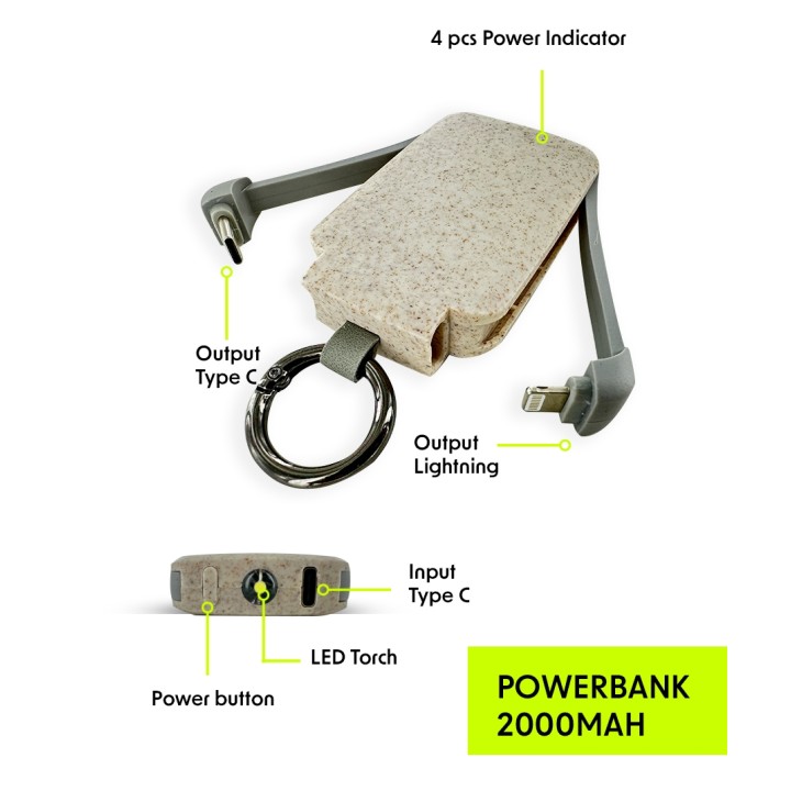 Powerbank 2000mAh avec mousqueton en fibre de blé