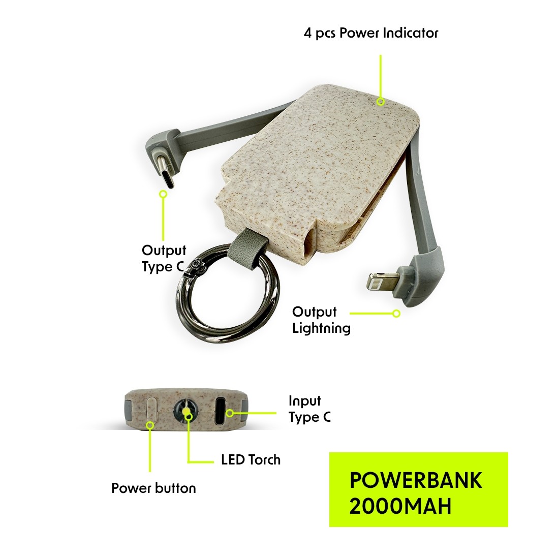 Powerbank 2000mAh avec mousqueton en fibre de blé
