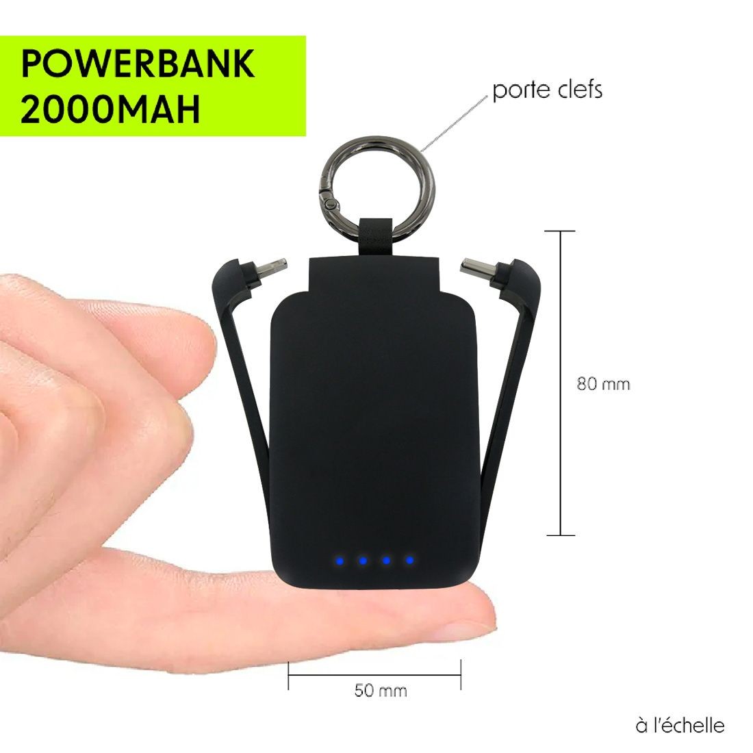 Powerbank Porte Clefs Noir  2000 mah Lightning et Type C intégré