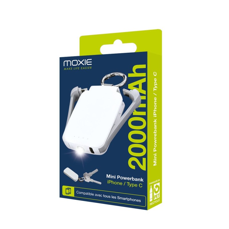 Powerbank Porte Clefs Blanc  2000 mAh avec câbles Lightning et Type-c intégrés