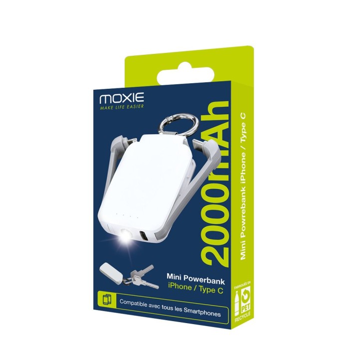 Powerbank Porte Clefs Blanc  2000 mAh avec câbles Lightning et Type-c intégrés