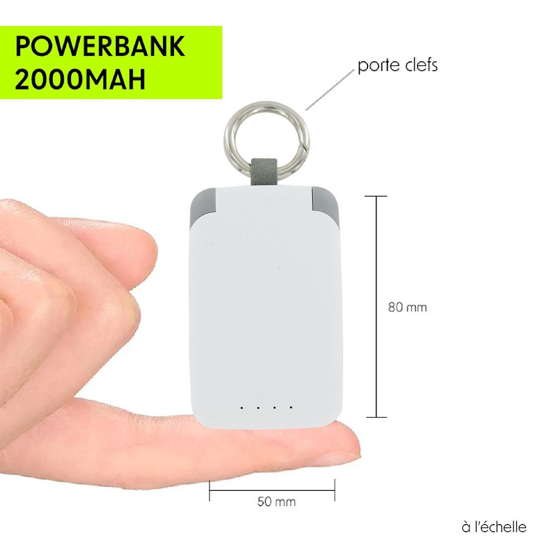 Powerbank Porte Clefs Blanc  2000 mAh avec câbles Lightning et Type-c intégrés