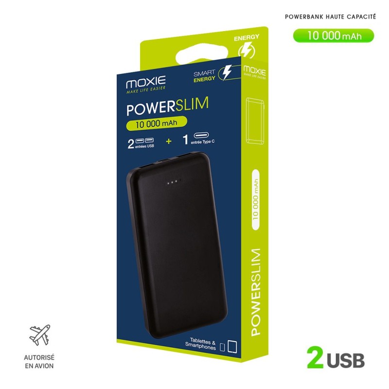 Powerbank PowerSlim 10000mAh, MOXIE 2 USB - Micro USB/Type-C - Noir
