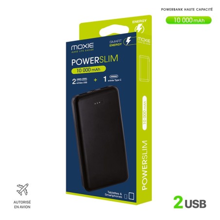 Powerbank PowerSlim 10000mAh, MOXIE 2 USB - Micro USB/Type-C - Noir