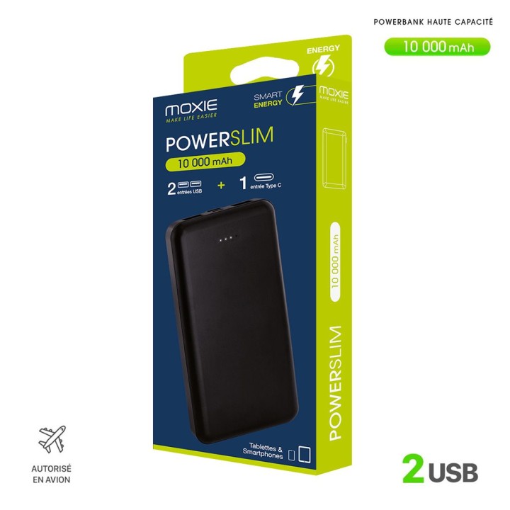 Powerbank PowerSlim 10000mAh, MOXIE 2 USB - Micro USB/Type-C - Noir