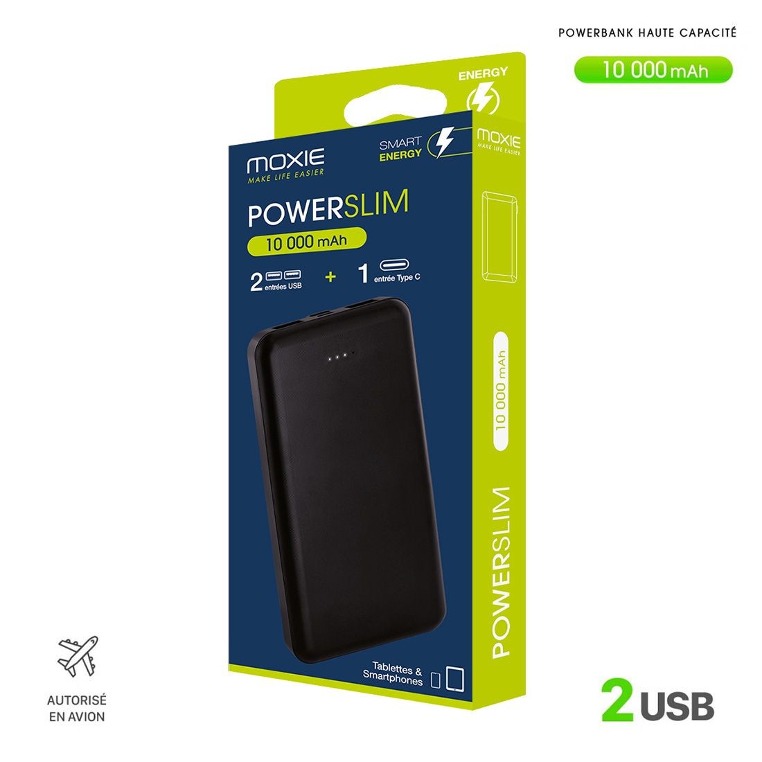Powerbank PowerSlim 10000mAh, MOXIE 2 USB - Micro USB/Type-C - Noir