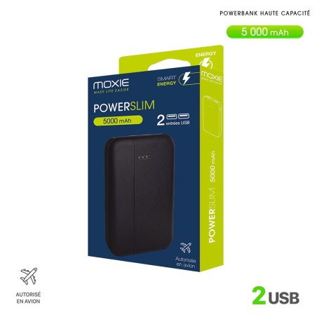 Powerbank PowerSlim 5000mAh, MOXIE 2 USB - Micro USB/Type-C - Noir