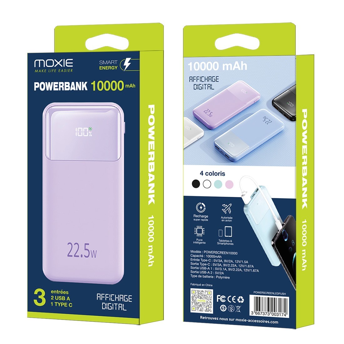 Batterie de secours avec affichage digital capacité 10000 mAh