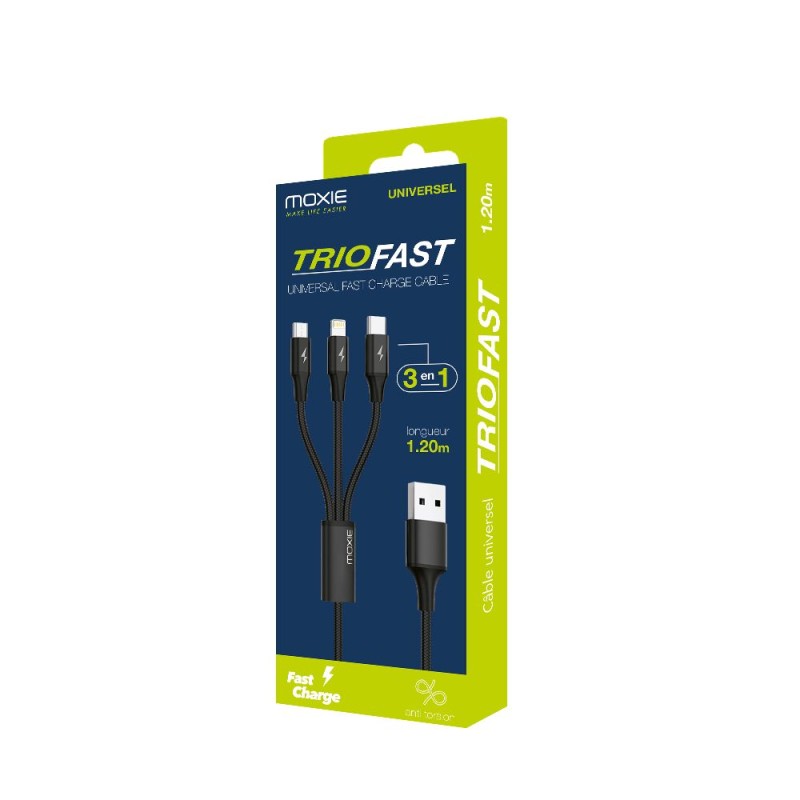 Câble 3 en 1 Moxie Lightning / Micro-USB / Type-C  en Nylon tressé
