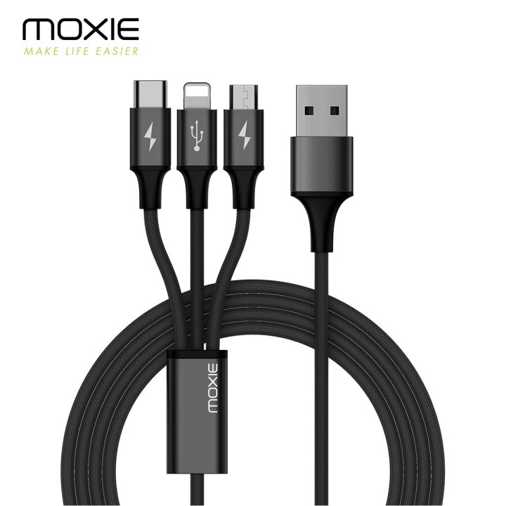 Câble 3 en 1 Moxie Lightning / Micro-USB / Type-C  en Nylon tressé