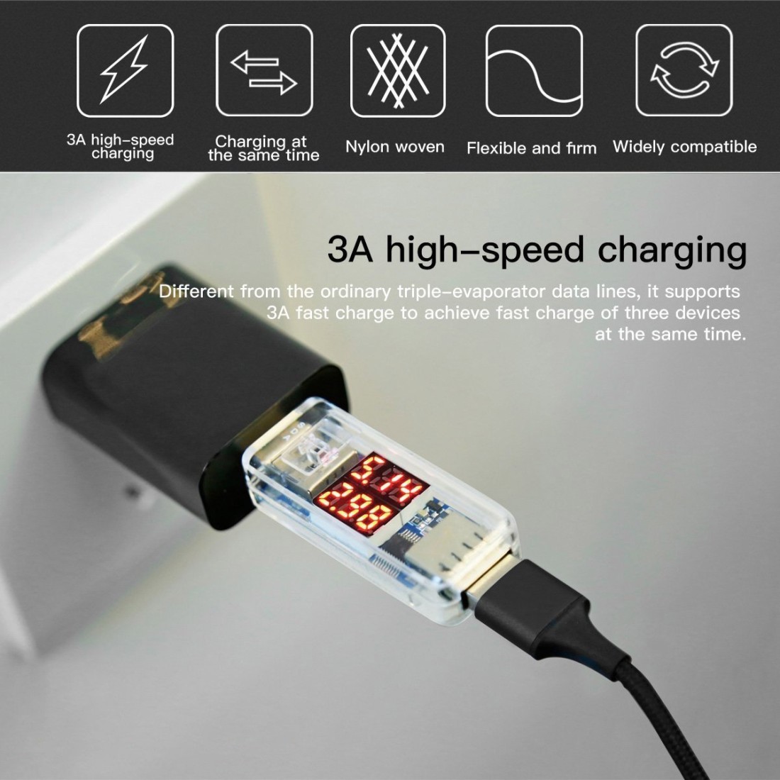 Câble 3 en 1 Moxie Lightning / Micro-USB / Type-C  en Nylon tressé
