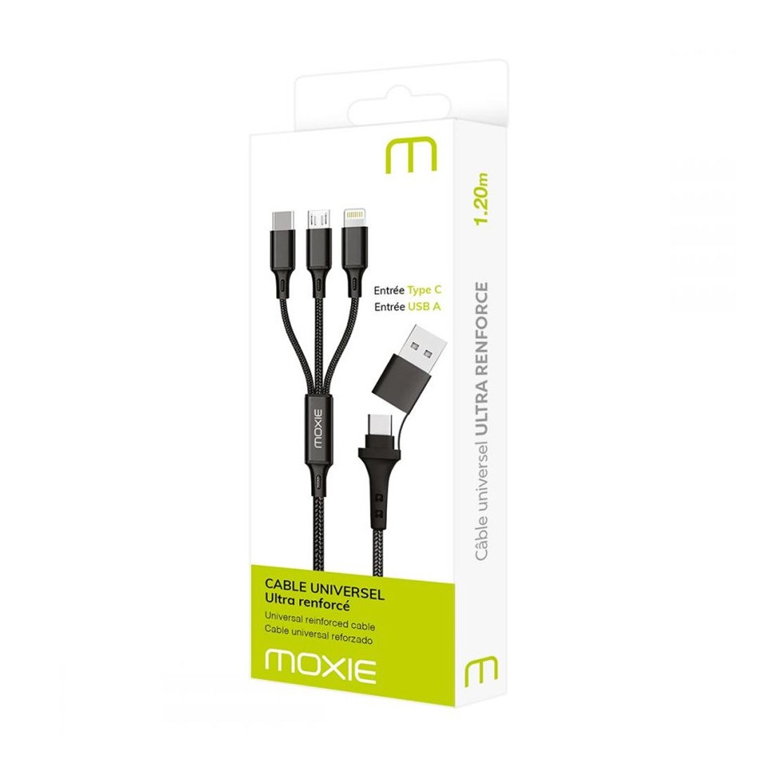 Câble 3 en 1en nylon tressé avec entrée Type-C / USB-A