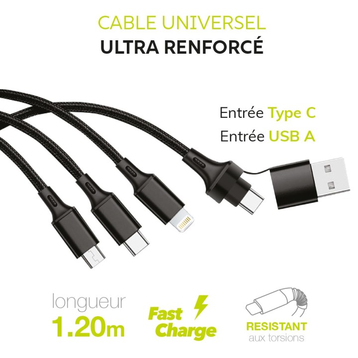 Câble 3 en 1en nylon tressé avec entrée Type-C / USB-A