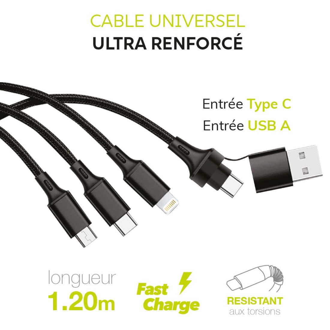 Câble 3 en 1en nylon tressé avec entrée Type-C / USB-A