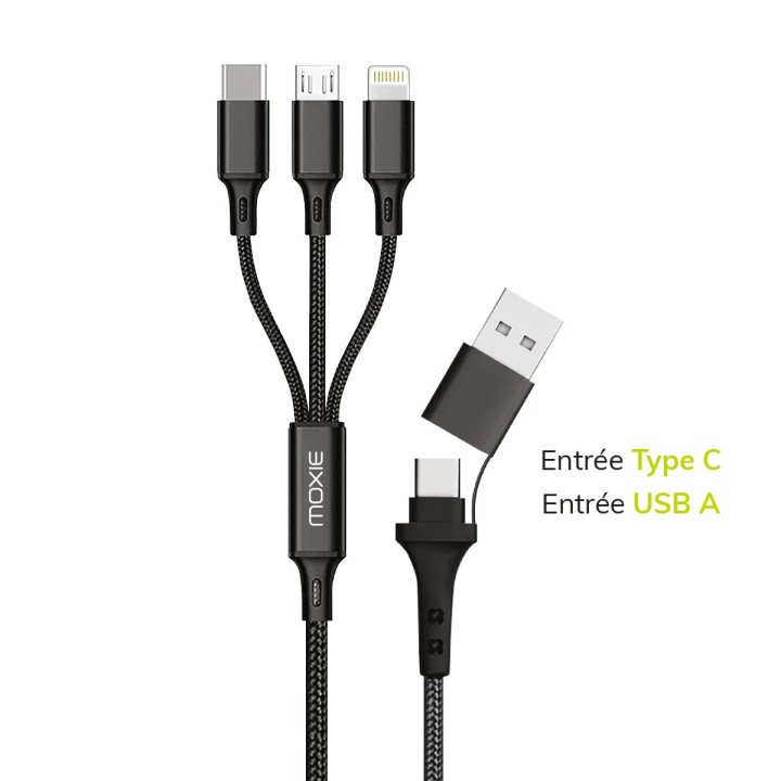 Câble 3 en 1en nylon tressé avec entrée Type-C / USB-A