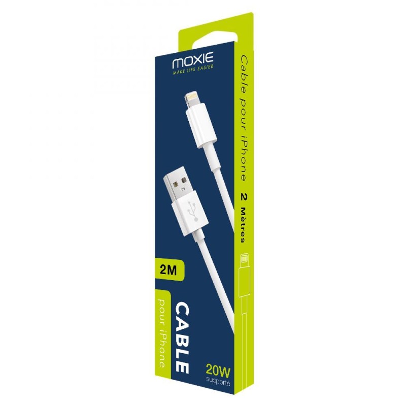 Câble data Moxie Blanc lightning 2 mètres sous packaging
