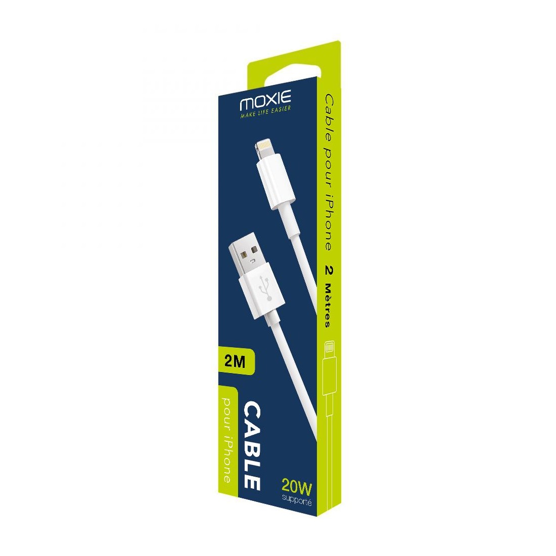 Câble data Moxie Blanc lightning 2 mètres sous packaging