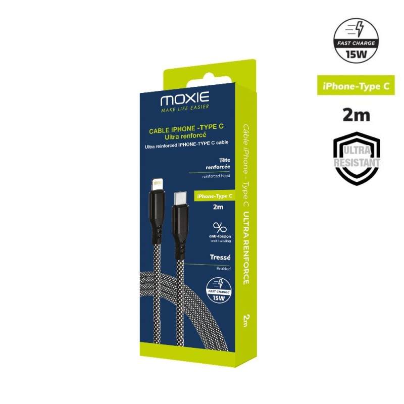 Cable Nylon ultra résistant embouts renforcés Type C /Lightning 2m
