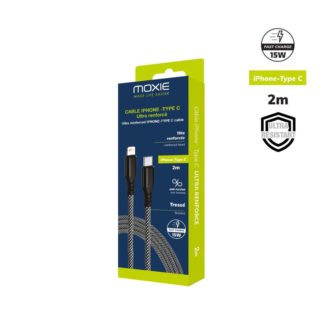 Cable Nylon ultra résistant embouts renforcés Type C /Lightning 2m