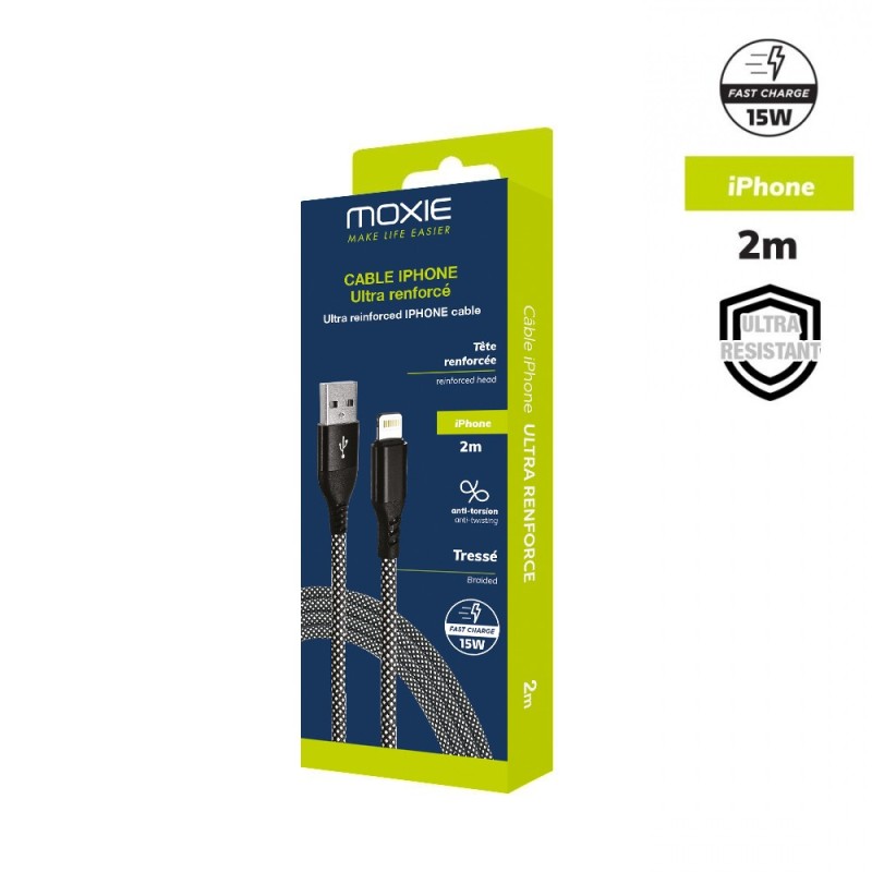 Cable en Nylon ultra résistant embouts renforcés USBA/Lightning 2m