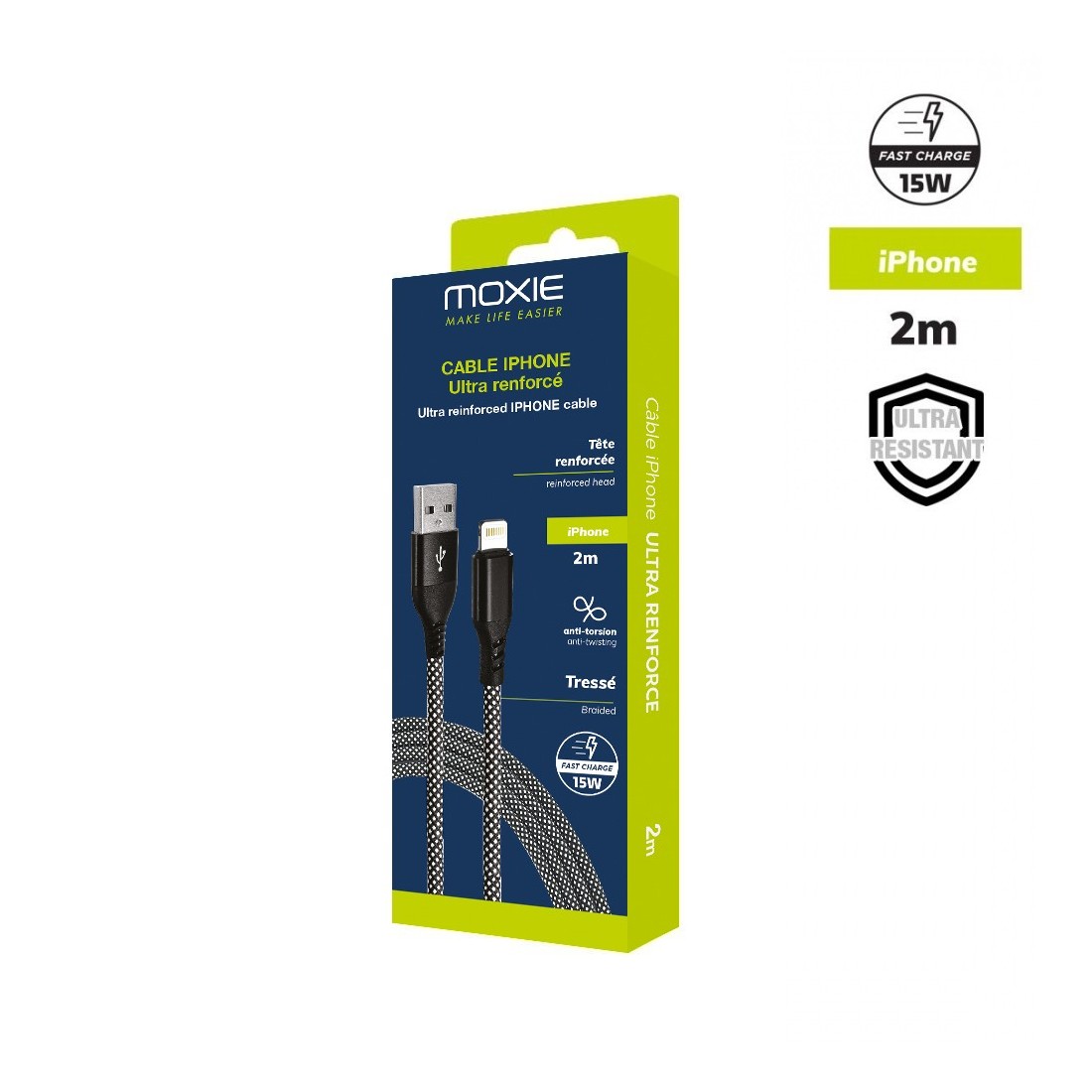 Cable en Nylon ultra résistant embouts renforcés USBA/Lightning 2m